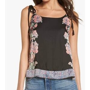 Free People Intimately Floral Beaded‎ Tank Top Black Pink Bohemian Festival